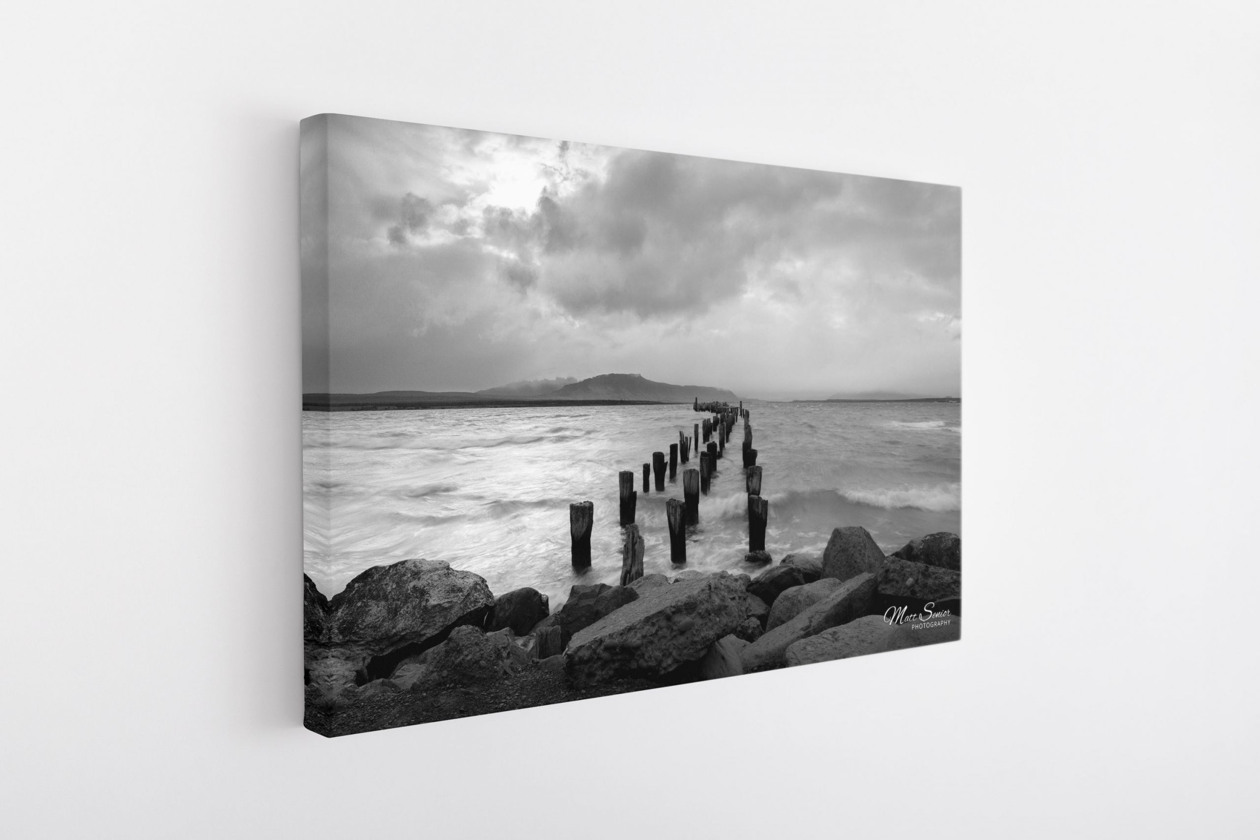 Broken Pier Puerto Natales Chile Black and White Travel Photography Canvas Print